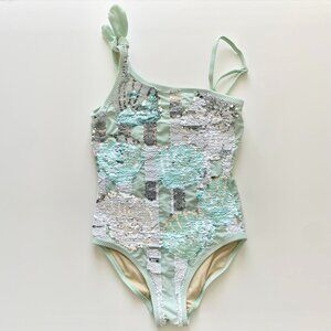 Shade Critters Palm Beach Sequins Flip Mint Shells Girls One Shoulder Swimsuit 8